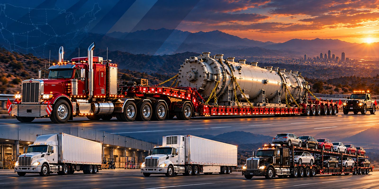 A heavy-haul tractor and lowboy carrying a large pressure vessel at sunset